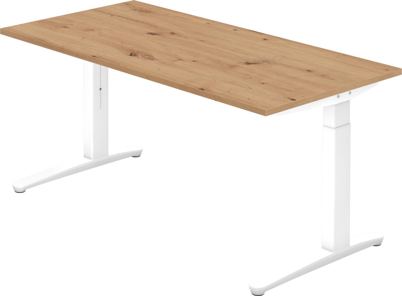 bümö manuell höhenverstellbarer Schreibtisch 160x80 in Asteiche, Gestell in weiß - PC Tisch höhenverstellbar & groß, höhenverstellbarer Tisch Büro, großer Computertisch verstellbar, X16-R-WW Bild 1