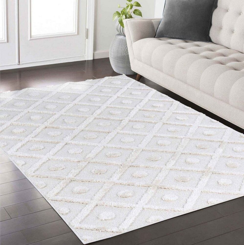 TaraCarpet Designteppich Designerteppich Tokio hoch-tief Struktur Rauten uni, rechteckig, Höhe: 20 mm, moderner scandi BOHO weiß Wohnzimmer Schlafzimmer Flur 080x150 cm Bild 1