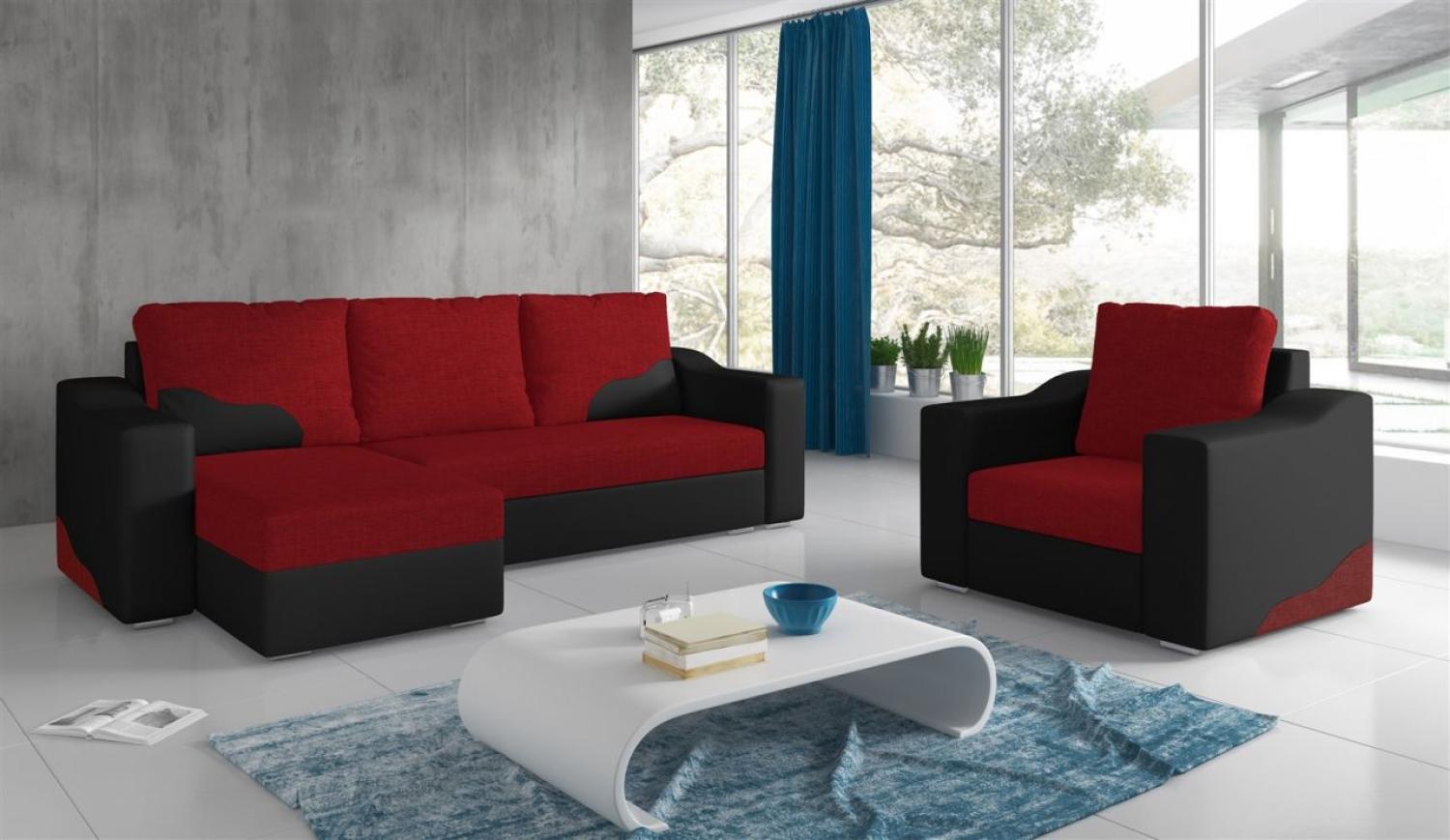 Ecksofa Set COLLIN Ottomane Links + Sessel Schwarz / Rot Bild 1