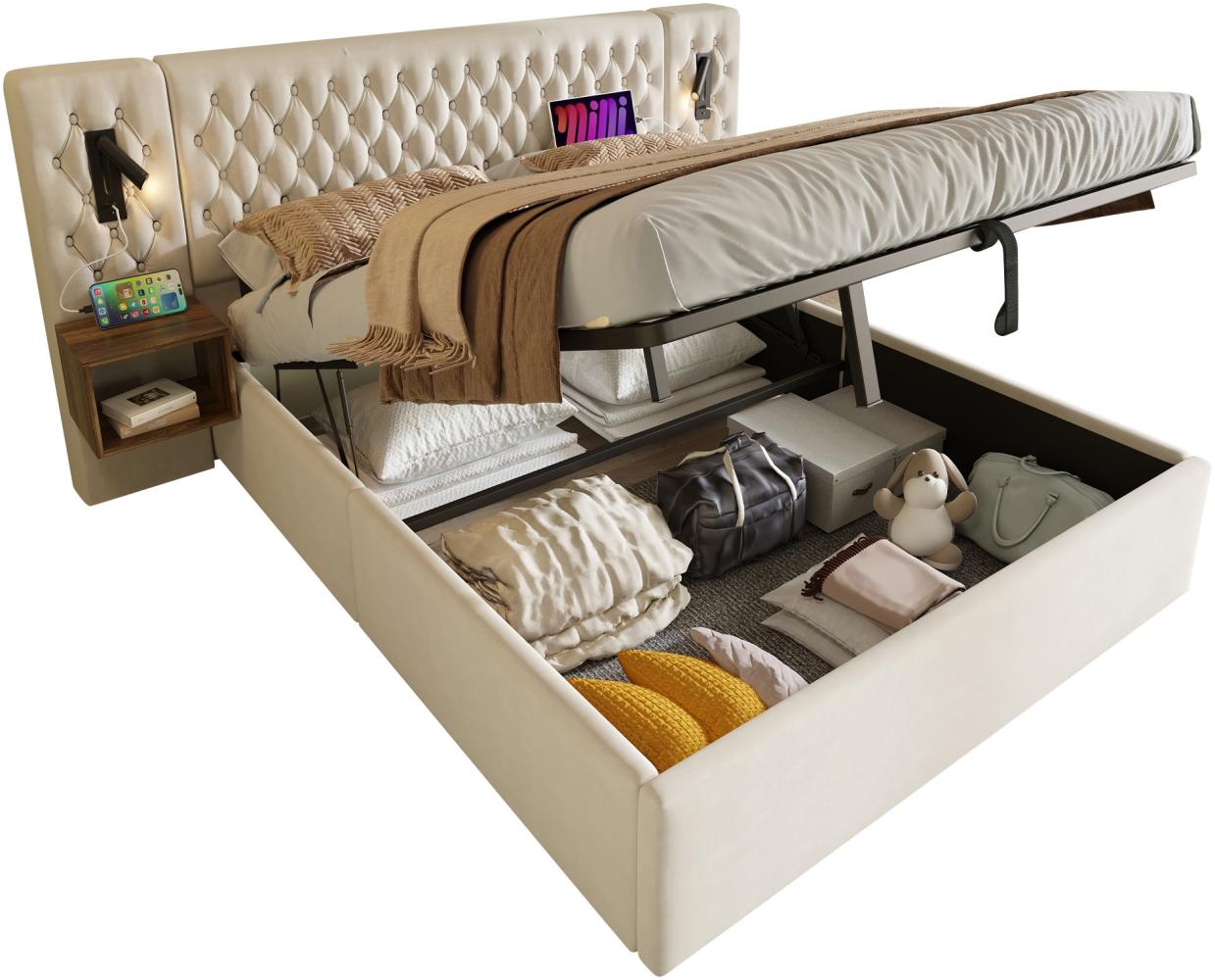 Merax Doppelbett 180×200 cm Schlafzimmer Komplett Set, Polsterbett Hydraulisch Stauraumbett mit 2 Nachttischen, Kopfteil Leselicht mit USB Ladefunktion, Beige, Samt (Ohne Matratze) Bild 1