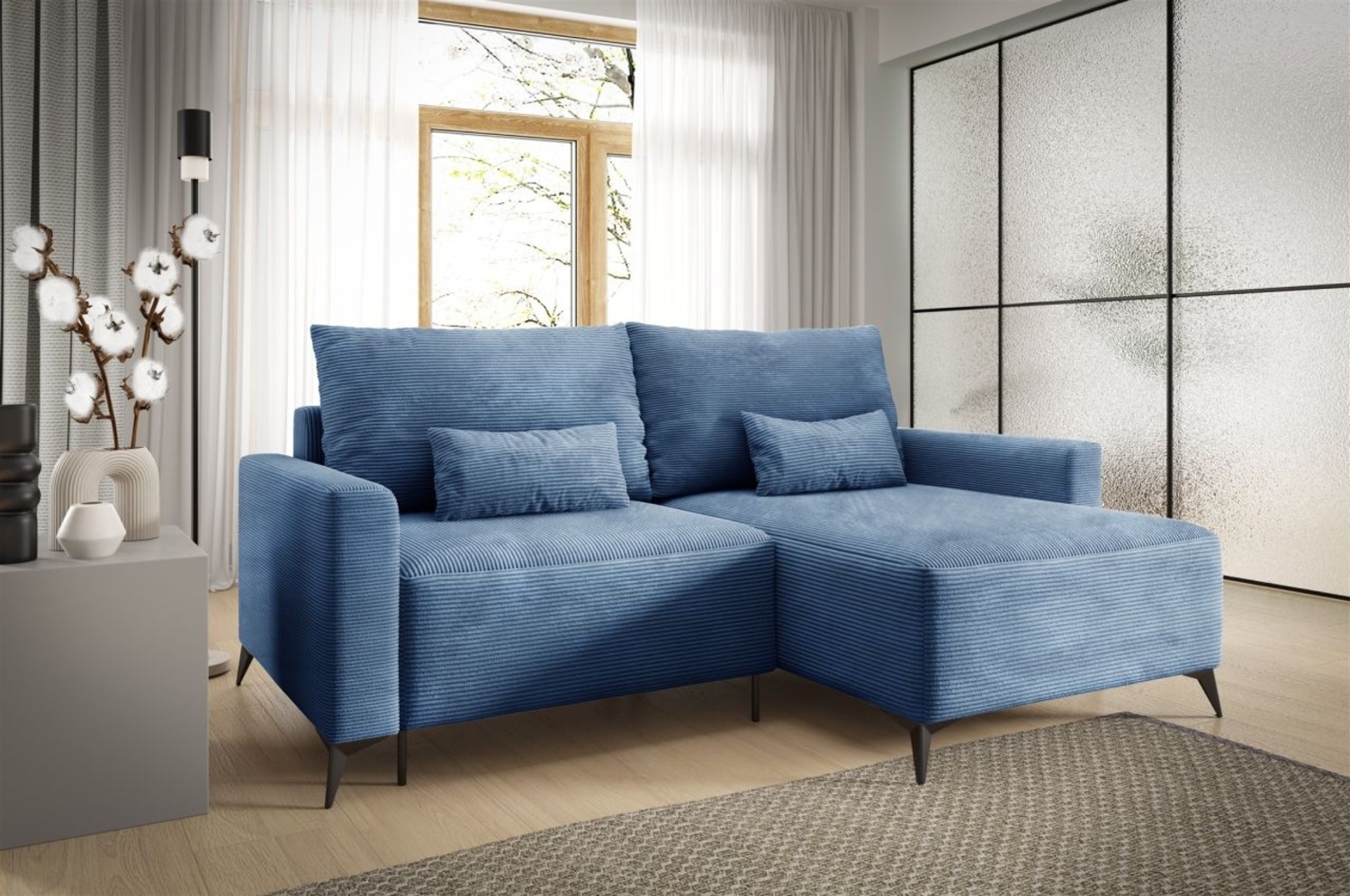 Ecksofa Schlafsofa Sofa SILVES in Stoff Poso Blau Ottomane Rechts Bild 1