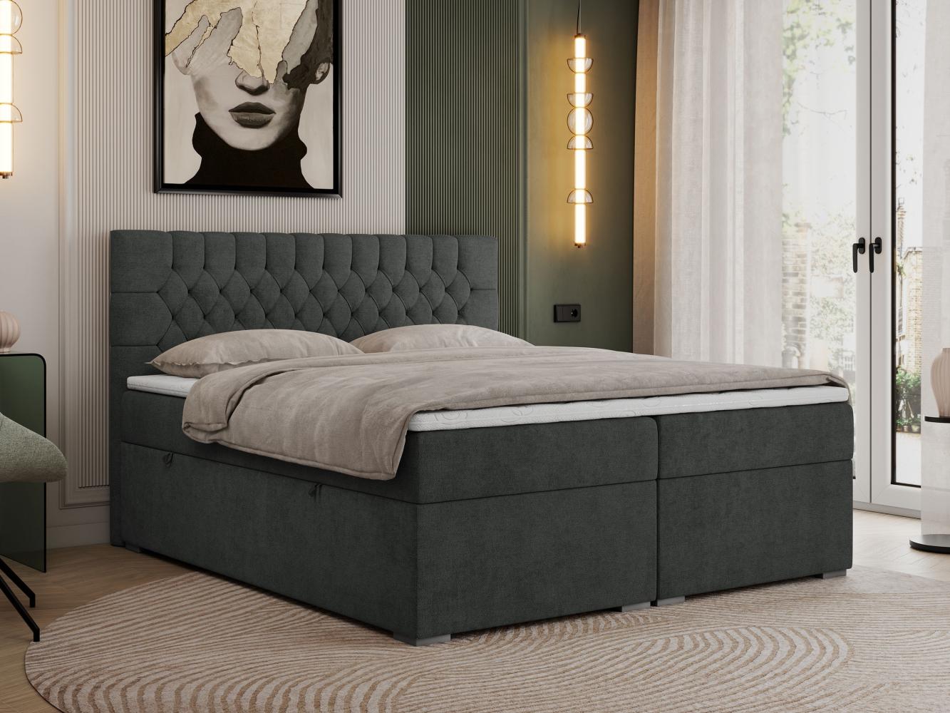 Boxspringbett mit 2 Bettkästen, Matratze und Topper - PERA - 140x200cm - Dunkelgrau Stoff - H4 Bild 1