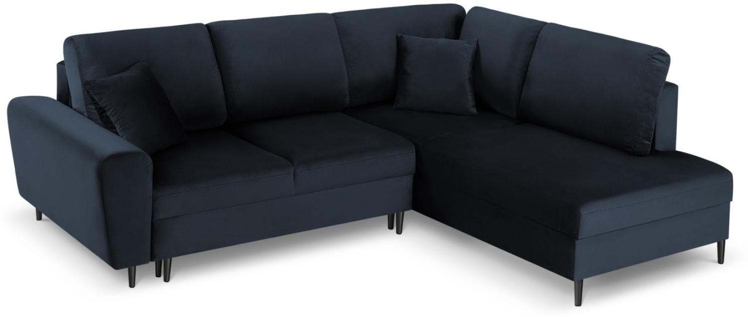 Micadoni 5-Sitzer Samtstoff Ecke rechts Sofa mit Bettfunktion und Box Moghan | Bezug Dark Blue | Beinfarbe Black Chrome. Bild 1