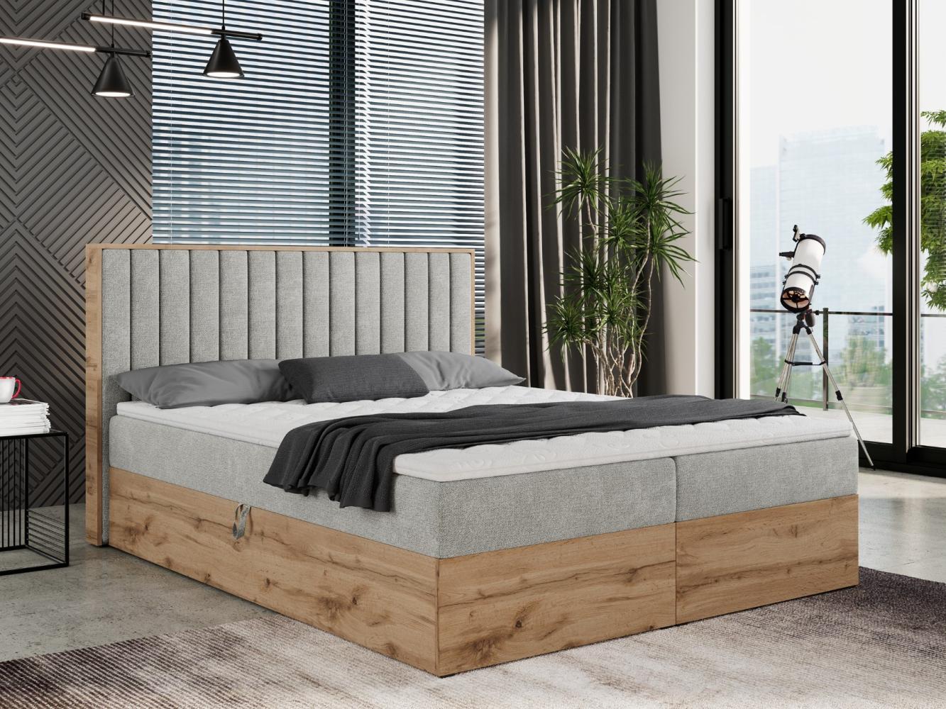 Boxspringbett mit dekorativem Kopfteil und zwei Bettkästen, Eiche Holzrahmen - ALBERO 4 - 200x200 cm - Hellgrau Stoff - H4 Bild 1