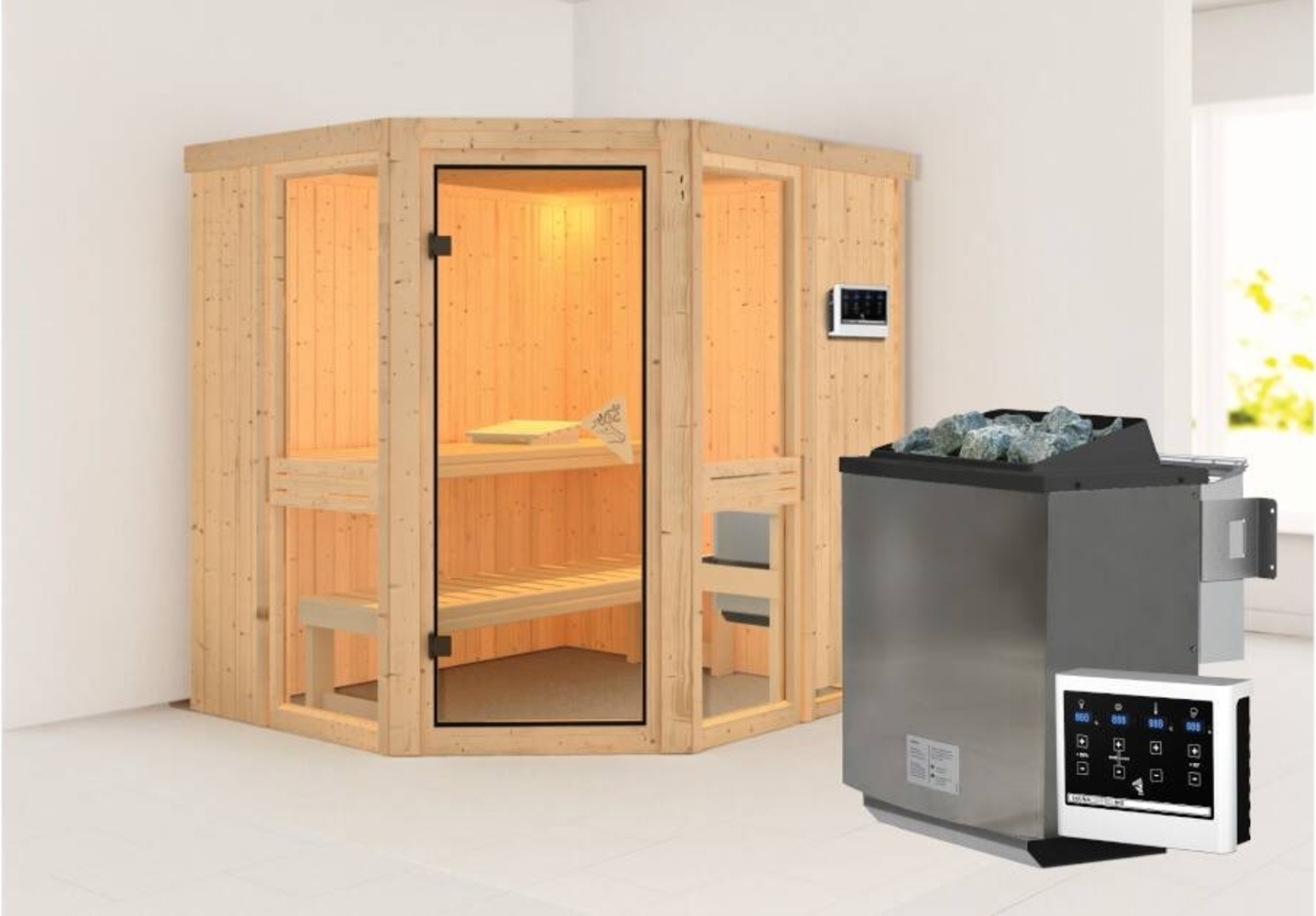 Karibu Sauna Amelia 1 + 9kW BIO-Kombiofen mit ext. Steuerung Easy Bild 1