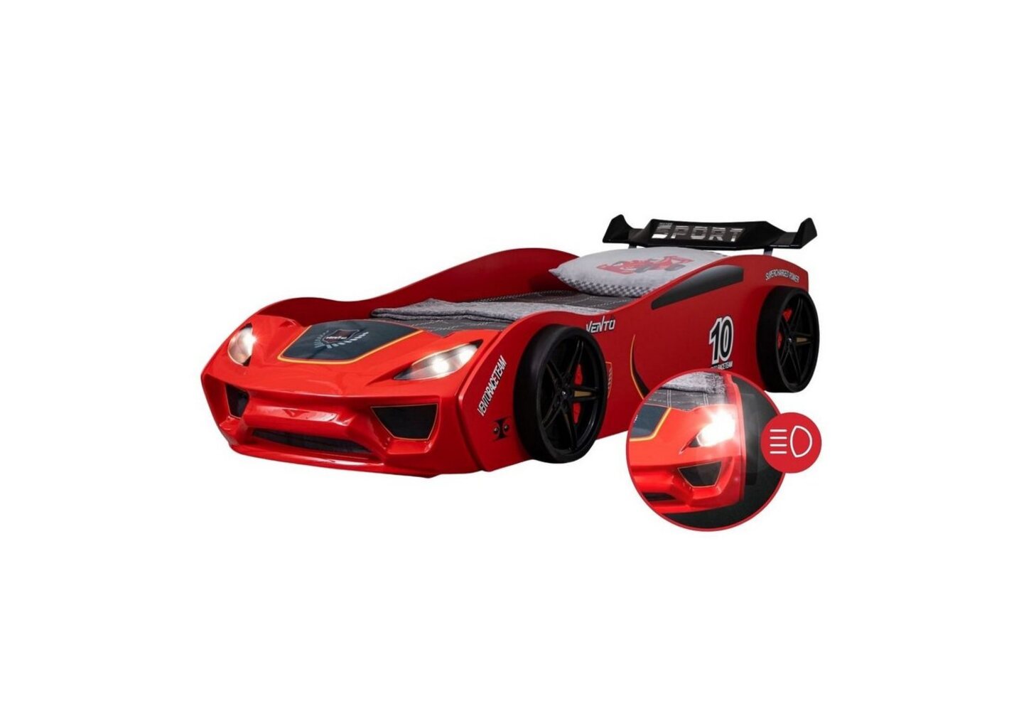 Coemo Autobett DREAM RACER (Spielbett mit Spoiler), Rot Kinderbett 90x200 Rennwagen inkl. Lattenrost LED-Licht Spielbett Bild 1