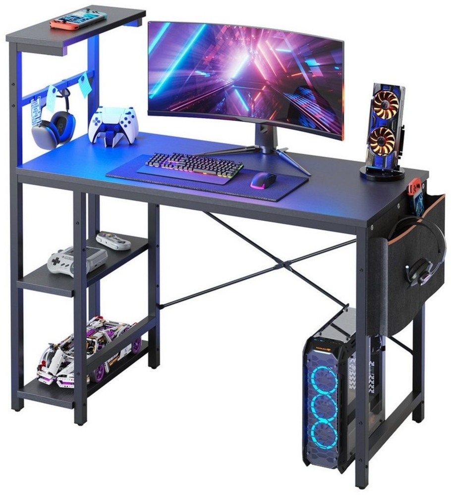 Bestier Gamingtisch Gaming Schreibtisch mit Regalen (Computertisch mit LED-Beleuchtung, 1 Tisch), 113*113*50 cm Gaming tisch mit Headset-Haken für Büro Kleiner Raum Bild 1