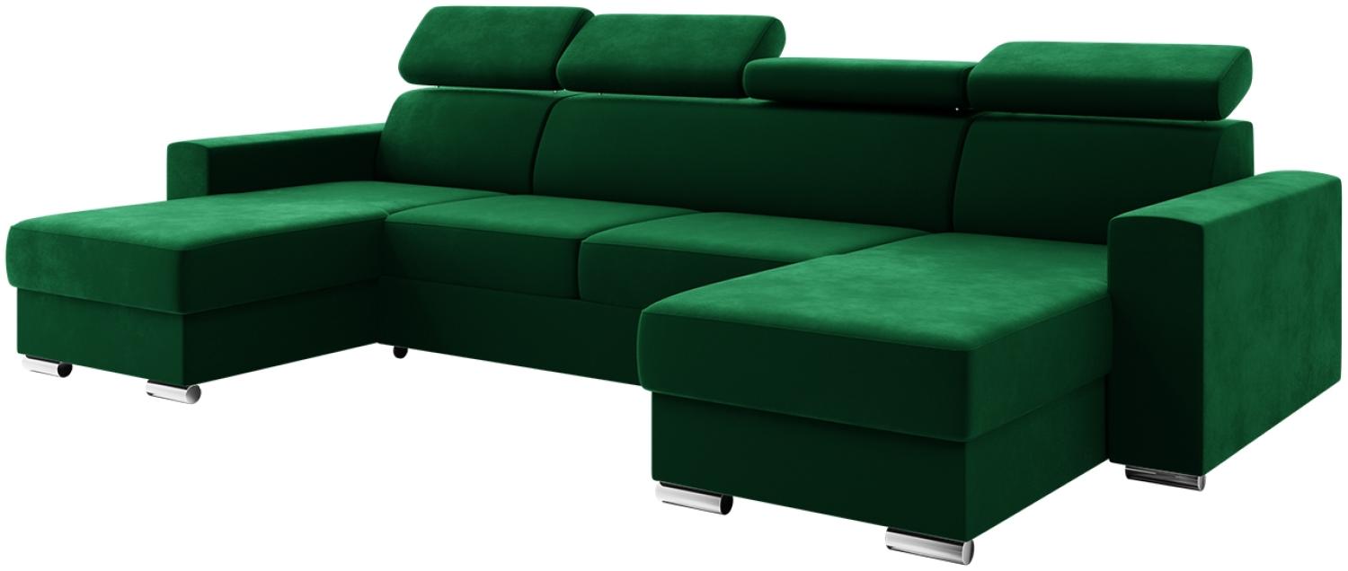 MEBLINI Schlafcouch mit Bettkasten - VOSS - 306x168x79cm - Grün Samt - Ecksofa mit Schlaffunktion - Sofa mit Relaxfunktion und Kopfstützen - Couch U-Form - Eckcouch - Wohnlandschaft Bild 1