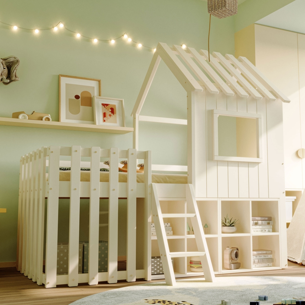 Merax Hochbett Etagenbett Kinderbett 90x200cm mit Regal, Hausbett mit Rausfallschutz, Einzelbett mit Leiter, Stockbett Holzbett, weiß Bild 1