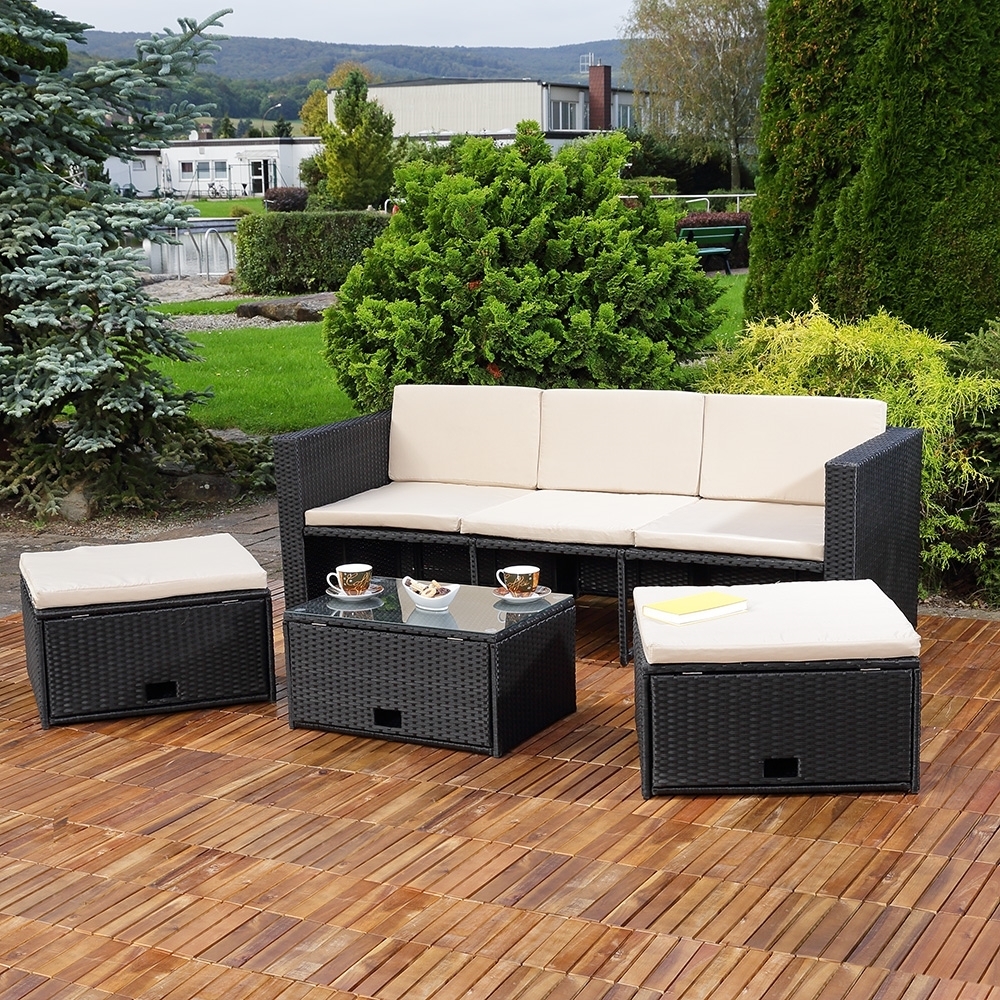 Rattanmöbel schwarz Sitzgruppe Poly Rattan Sofa und 2 Hocker Lounge Bild 1