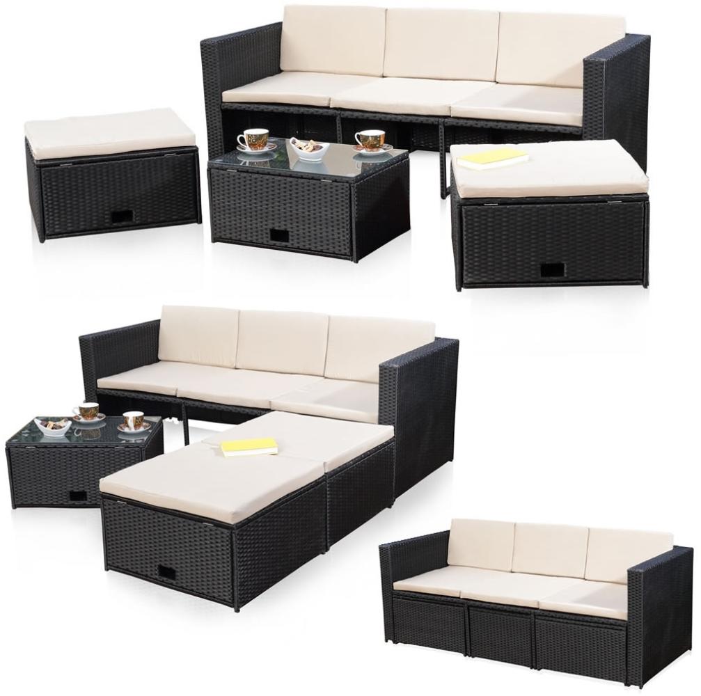 Rattanmöbel schwarz Sitzgruppe Poly Rattan Sofa und 2 Hocker Lounge Bild 1