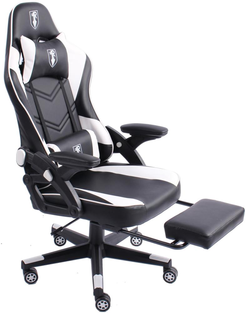 Gaming Stuhl im modernen Racing-Design mit ausziehbarer Fußstütze Gaming Chair mit verstellbaren Design Armlehnen ergonomischer Schreibtischstuhl mit extra Stützkissen Schwarz/Weiß Bild 1