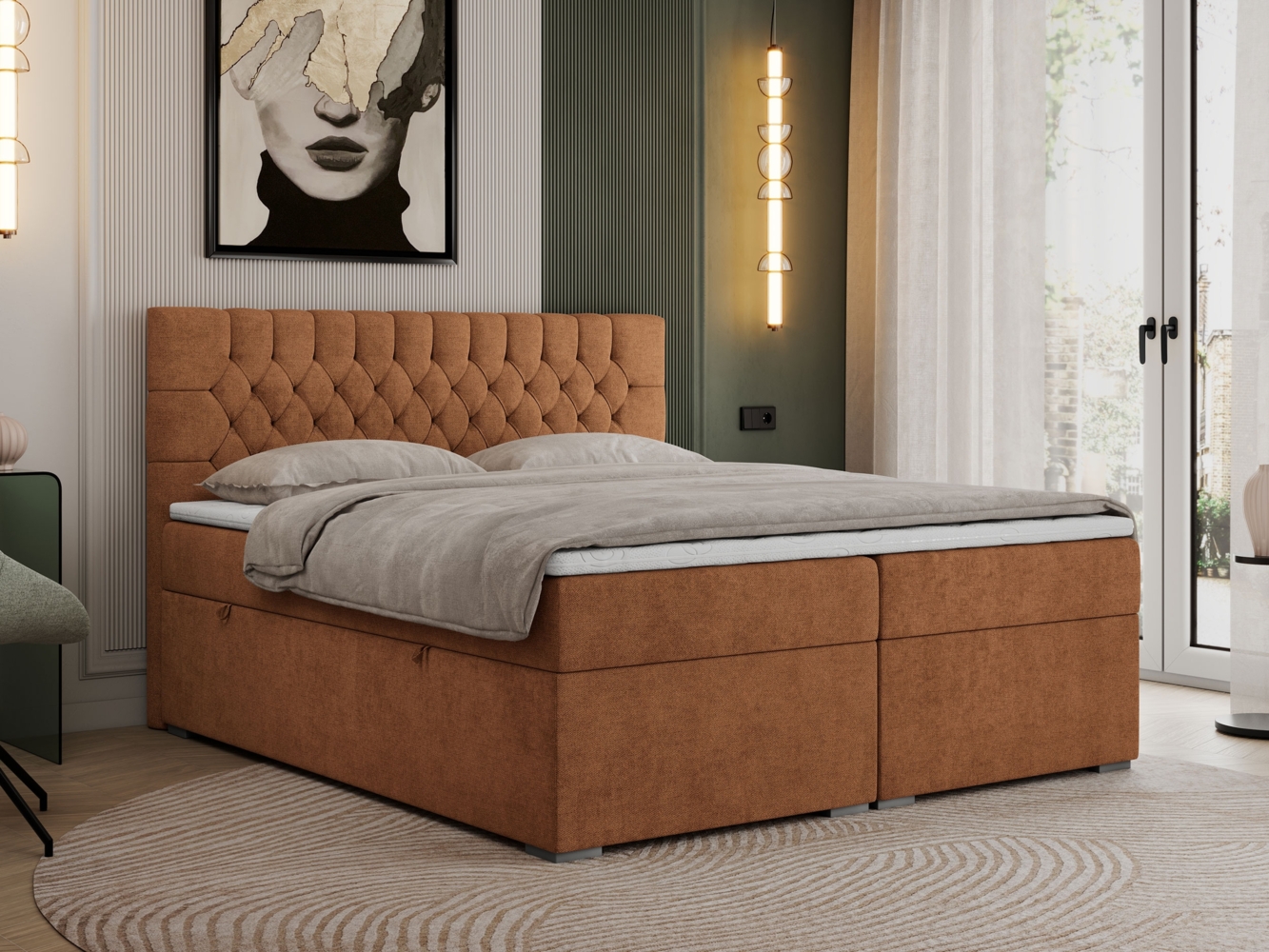 Boxspringbett mit 2 Bettkästen, Matratze und Topper - PERA - 180x200cm - Orange Stoff - H4 Bild 1