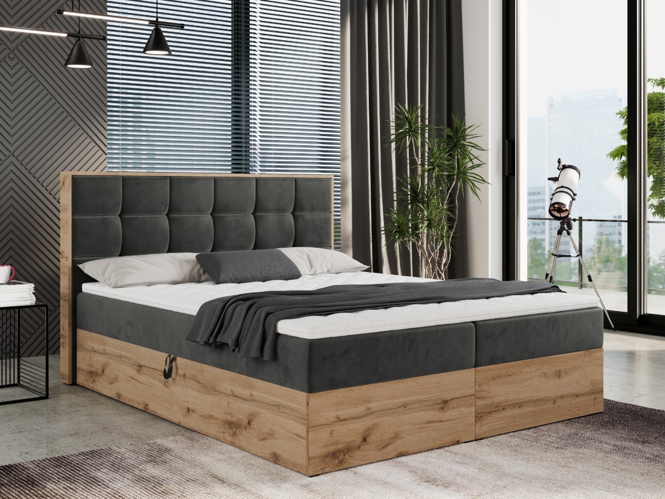 Boxspringbett mit Kopfteil und Topper, Polsterbett - ALBERO 1 - 200 x 200 cm - Dunkelgrau Velvet - H4 Bild 1