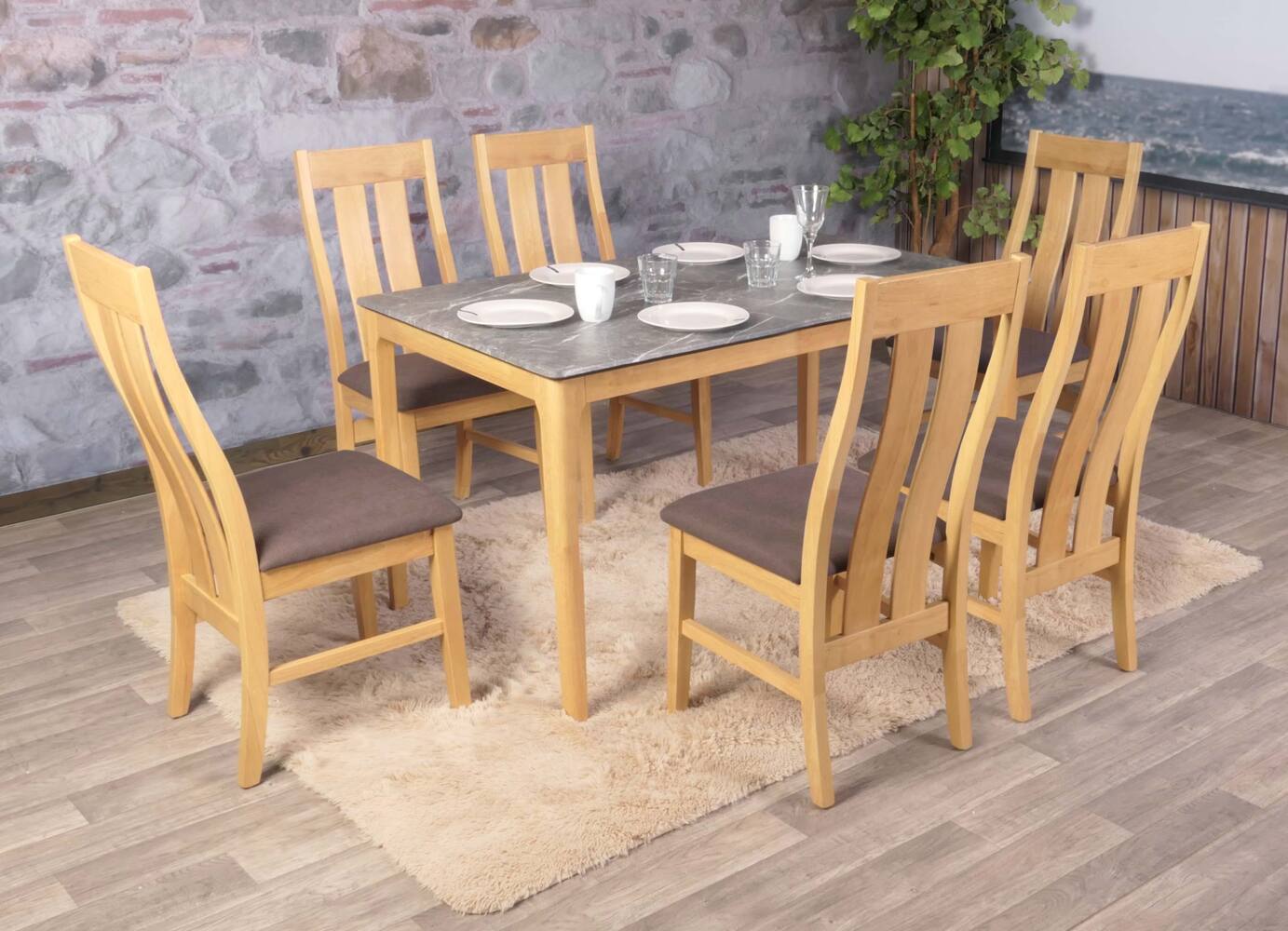 6er-Set Esszimmerstuhl HWC-M58, Küchenstuhl Lehnstuhl Stuhl, Stoff/Textil Massiv-Holz ~ helles Gestell, taupe Bild 1