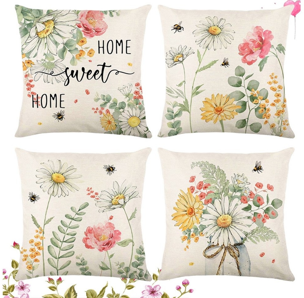 Jibenhome Kissenbezüge 45x45 Kissenbezug, 4er Kissenhülle Leinen Weiche Dekokissenbezug Sofa, Blume Pillow Cover Kissen Bezug, Zierkissenbezug Garten Wohnzimmer Bild 1