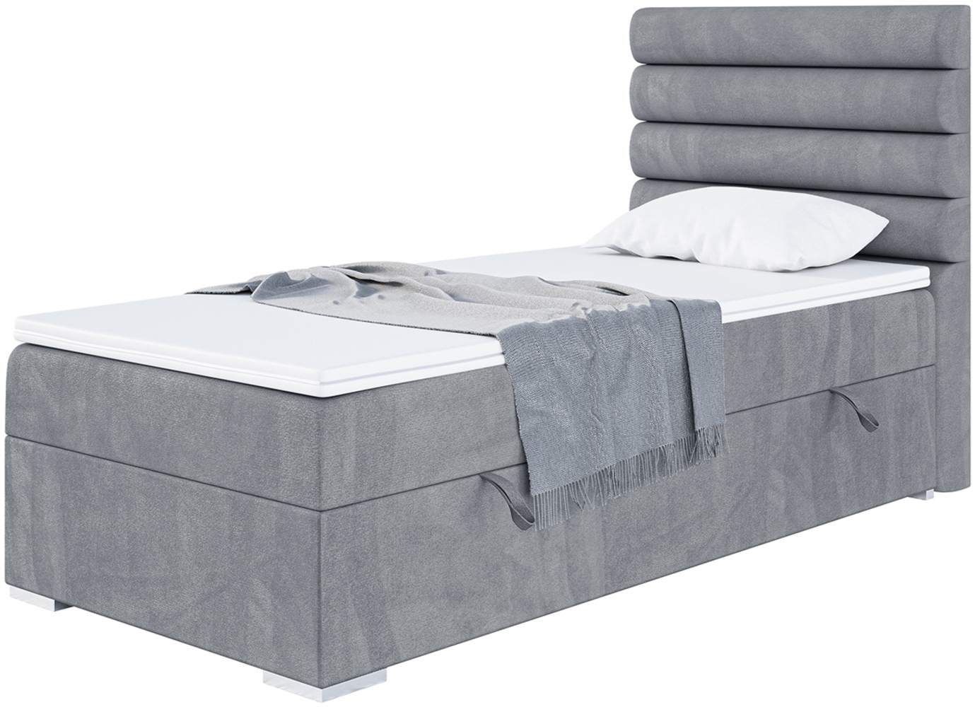 MEBLINI Boxspringbett KARIM 100x200 cm mit Bettkasten - H4/Grau Samt Gepolstert Einzelbett mit Topper & Taschenfederkern-Matratze - 100x200 Rechts Bild 1