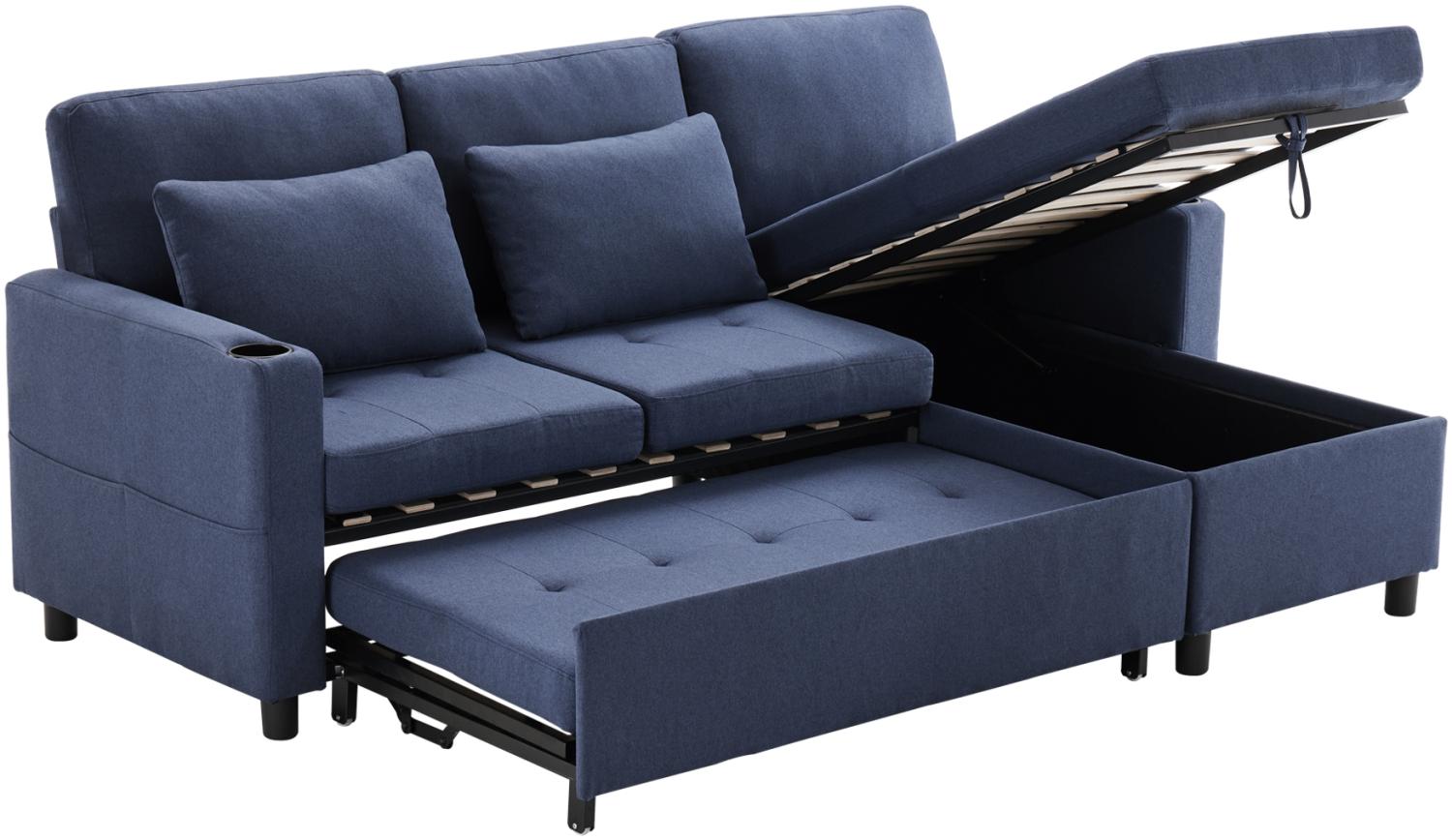 Merax Schlafsofa mit Schlaffunktion, L-förmiges Sofa, moderne Design-Polstermöbel, Sofa-Chaiselongue mit Stauraum, mit Taschenbecherhalter, Wohnzimmer-Schlafsofa, links und rechts austauschbare Chaiselongue Blau Bild 1