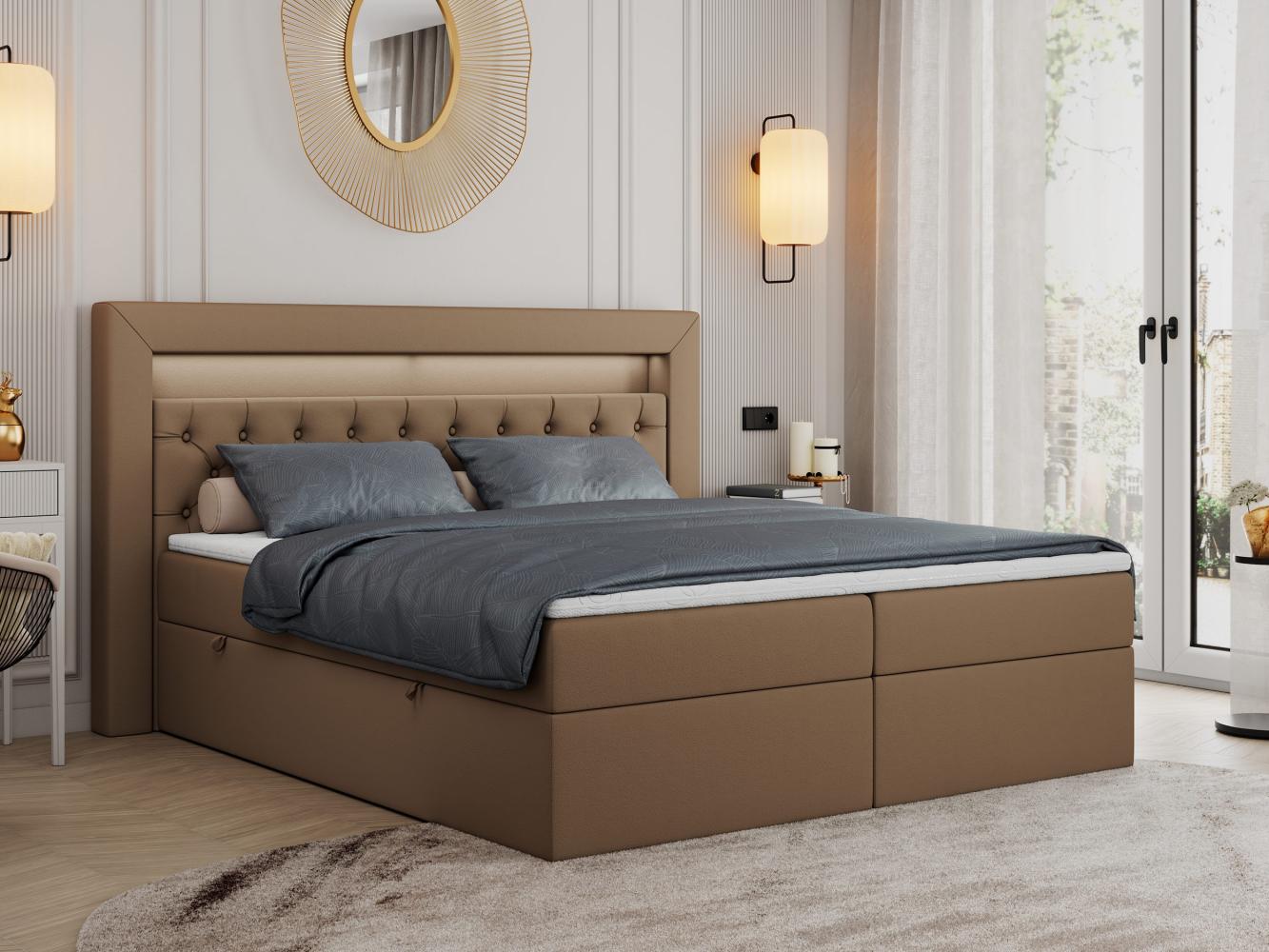 Boxspringbett - Doppelbett mit Multipocket-Matratze und LED - GOLD-6 - 200x200cm - Braun Kunstleder - H4 Bild 1