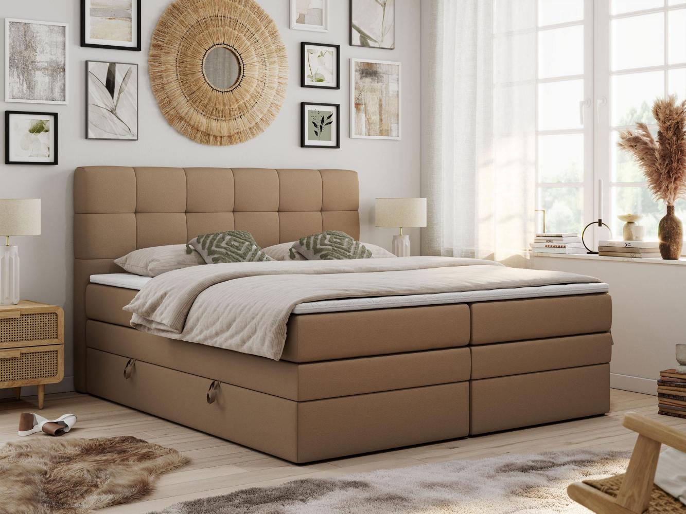 Boxspringbett mit Kopfteil und Topper, Polsterbett - LUKA-KING - 120x200cm - Braun Kunstleder - H3 Bild 1