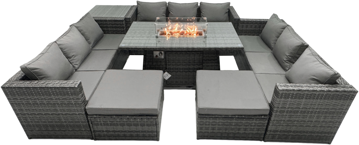 Fimous Rattan-Gartenmöbel Firepit Set Outdoor 10-Sitzer Esstisch Set mit Glasplatte Beistelltischen Bild 1