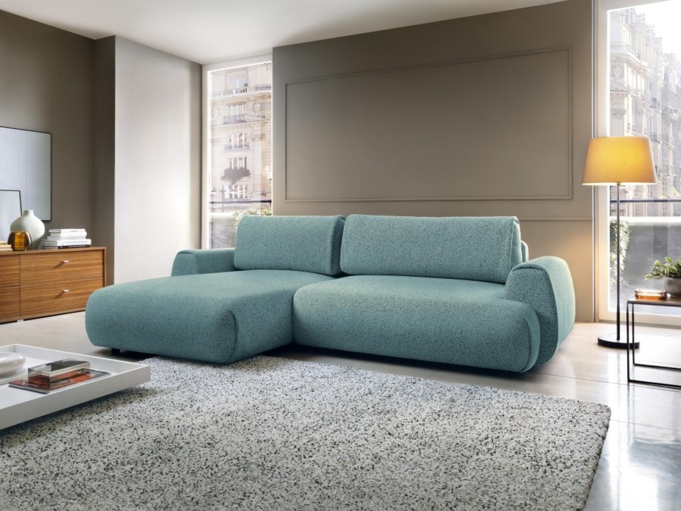 Vente-unique - Ecksofa mit Schlaffunktion - Ecke links - melierter Stoff - Blau - MONELIA Bild 1