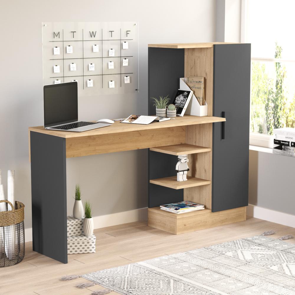 Schreibtisch mit Schrank Varhalo 120x153x40 cm Eichenoptik/Anthrazit [en. casa] Bild 1