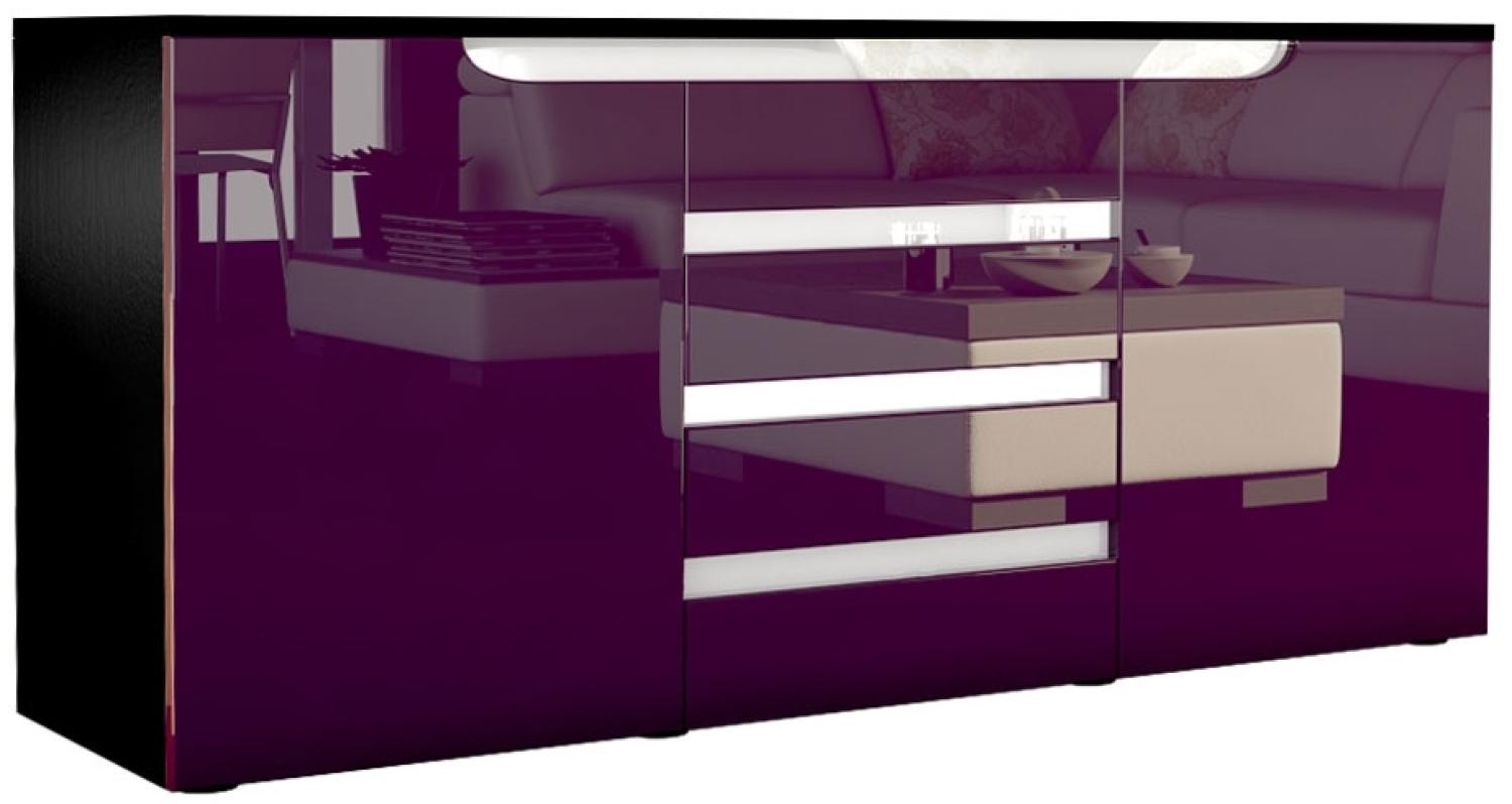 Sideboard Kommode Sylt V1, Korpus in Schwarz matt / Front in Brombeer Hochglanz mit Absetzungen in Weiß Hochglanz (139 x 72 x 35) Bild 1