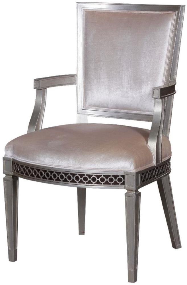 Casa Padrino Luxus Art Deco Esszimmerstuhl mit Armlehnen Rosa / Silber 60 x 66 x H. 102 cm - Luxus Hotel & Restaurant Möbel Bild 1