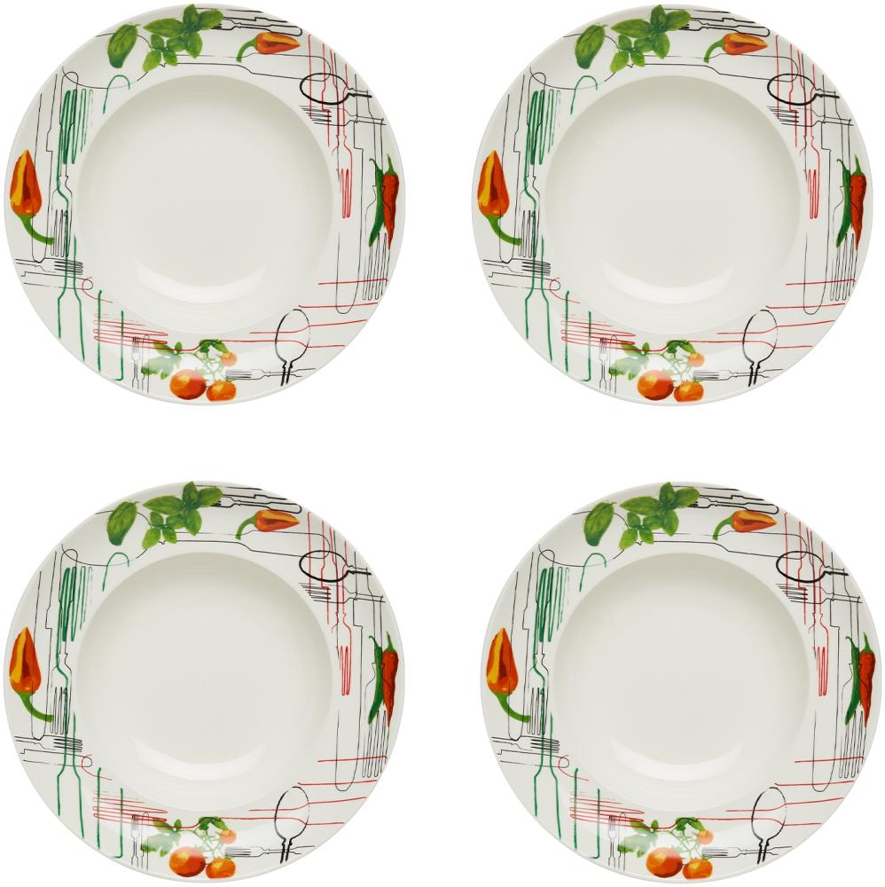 KHG 4er Set Pastateller, extra groß mit 30cm Durchmesser in Besteck Print, perfekt für Gastro und Zuhause, hochwertiges Porzellan, Suppenteller, Salatteller, Spühlmaschinengeeignet Bild 1