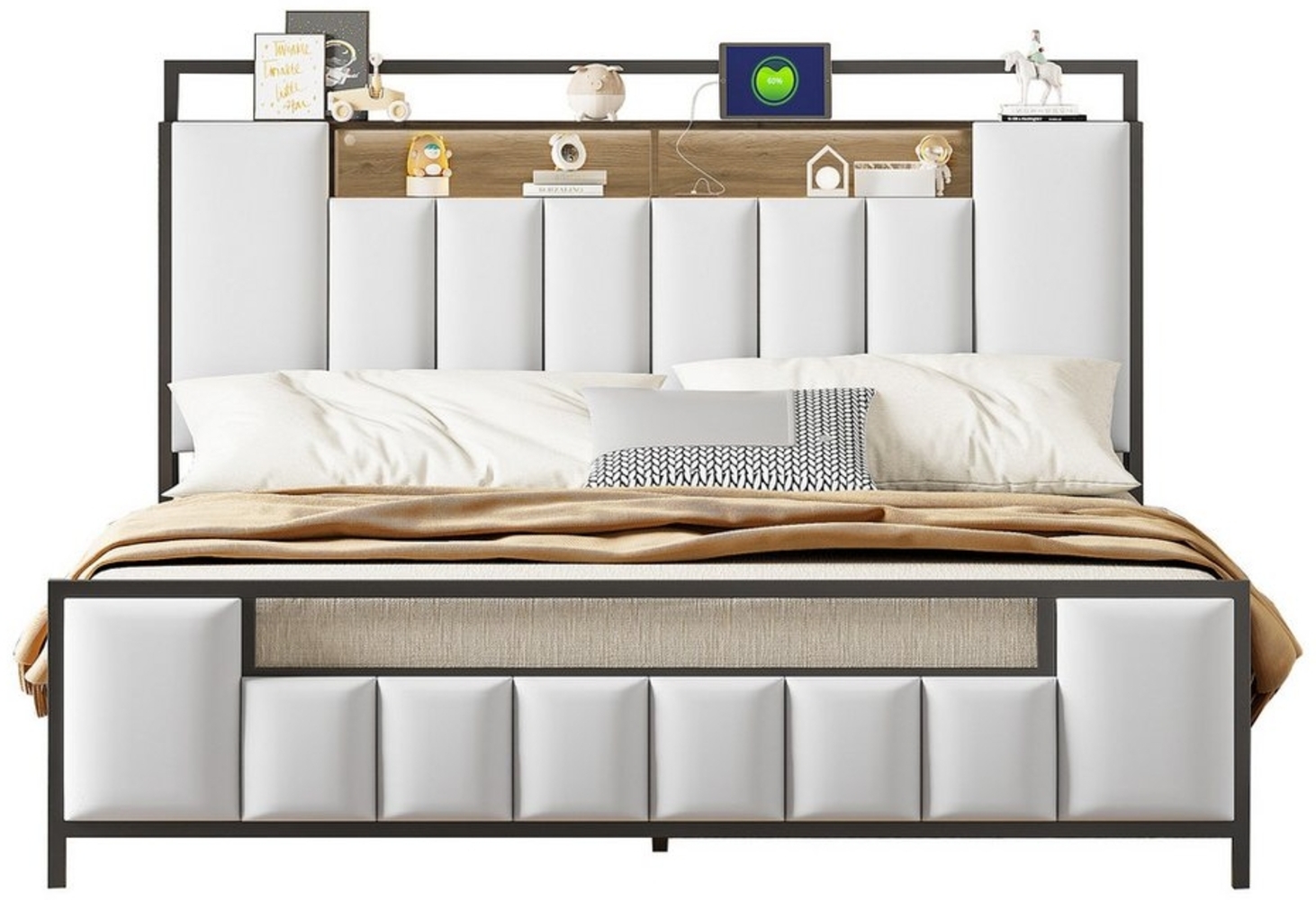 REDOM Polsterbett Stauraumbett mit LED-Licht, mit USB-Steckdose (Bettgestell aus Volleisen, Jugendbett, Erwachsenenbett, Doppelbett), 160x200 cm Bild 1