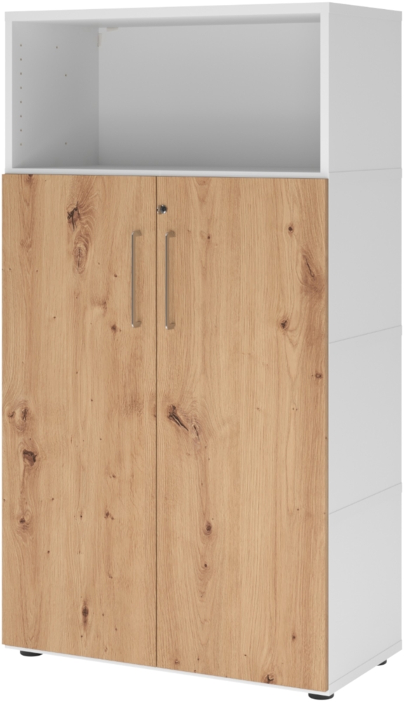 bümö flexi Aktenschrank abschließbar mit Flügeltüren & 1 Regalfach in Weiß/Asteiche, Büroschrank mit werkzeuglosem Schnellmontage-Klicksysten in modularer Bauweise, FW48T3KG-W-R-BS Bild 1