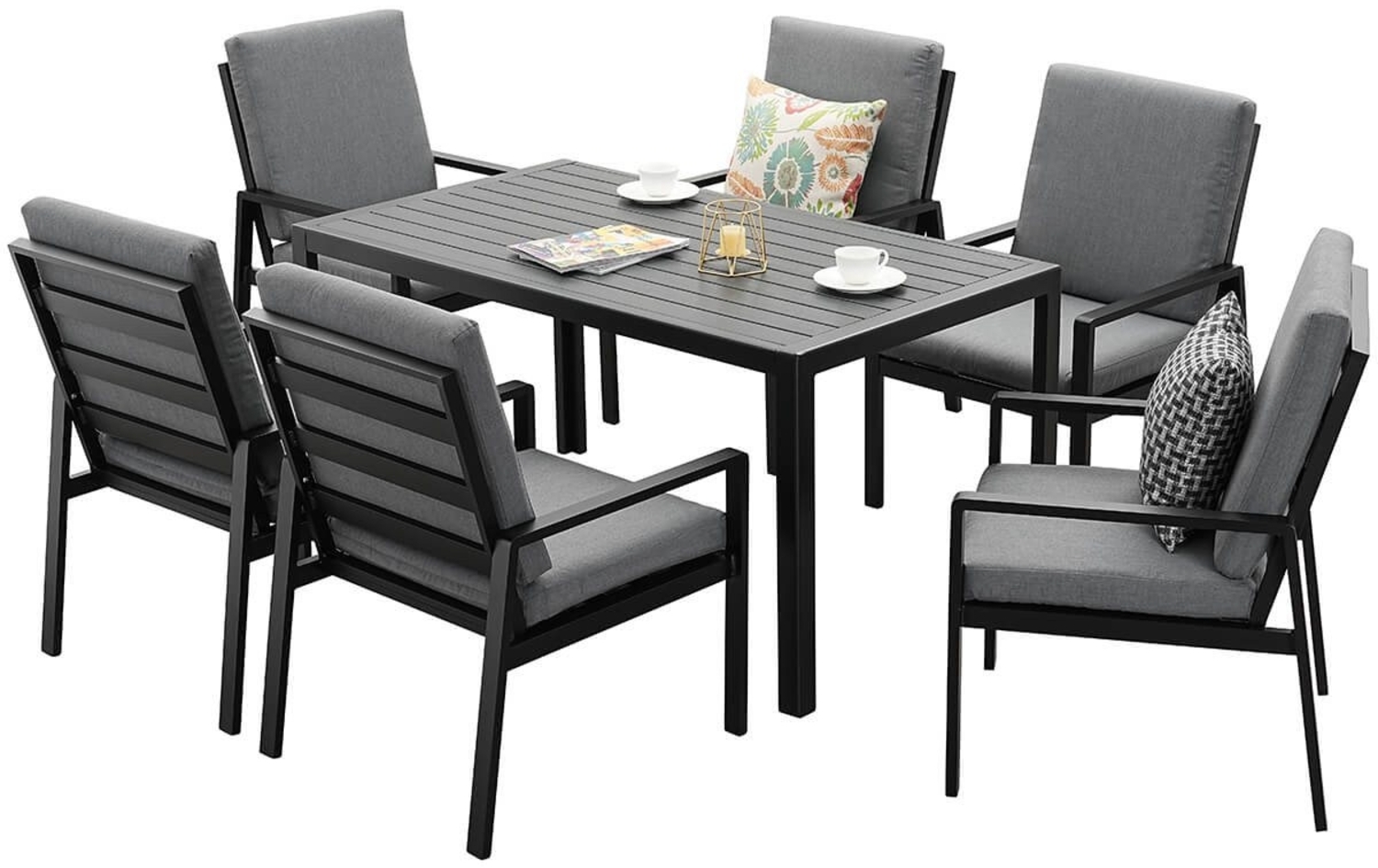 MeXo Gartenlounge-Set Garten-Essgruppe, (Gartenmöbel Set Aluminium, 7-tlg, 6x Sessel, 1x Esstisch, inkl. Auflagen, Polywood Tischplatte), Outdoor Loungemöbel Sitzgruppe Essgruppe Garnitur für 6 Personen Bild 1