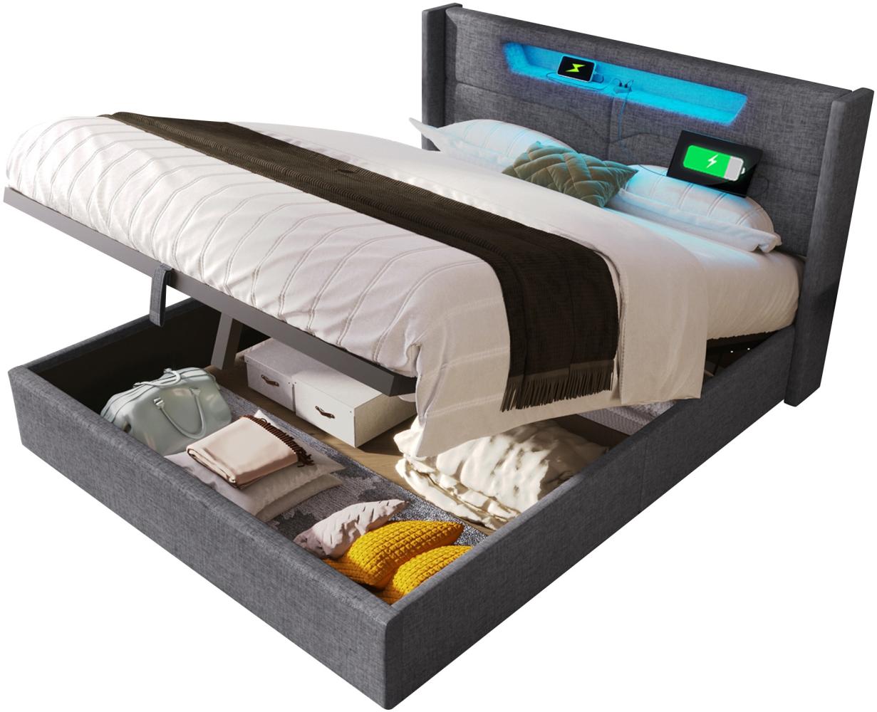 Merax Polsterbett LED Doppelbett mit USB Typ C und LED-Beleuchtung,Baumwolle-Leinen Bezug Stauraumbett 160x200cm, grau Bild 1