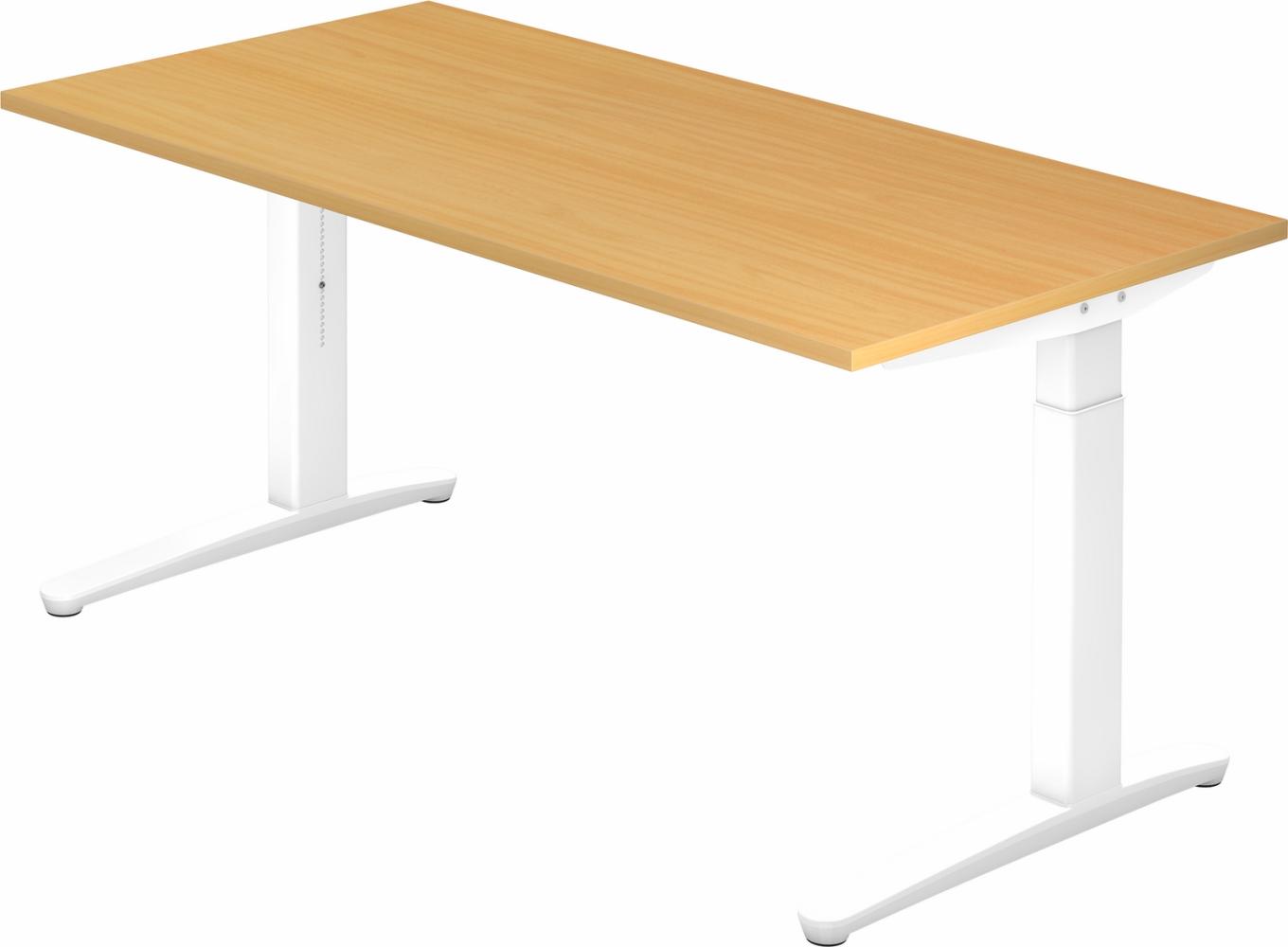 bümö manuell höhenverstellbarer Schreibtisch 160x80 in Buche, Gestell in weiß - PC Tisch höhenverstellbar & groß, höhenverstellbarer Tisch Büro, großer Computertisch verstellbar, X16-6-WW Bild 1