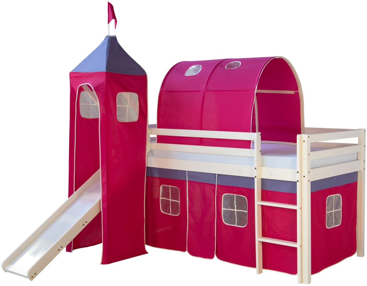 Hochbett mit Lattenrost 90x200 Turm Tunnel Rutsche Stockbett Kinderbett Holz Kiefer Vorhang pink Spielbett Bild 1