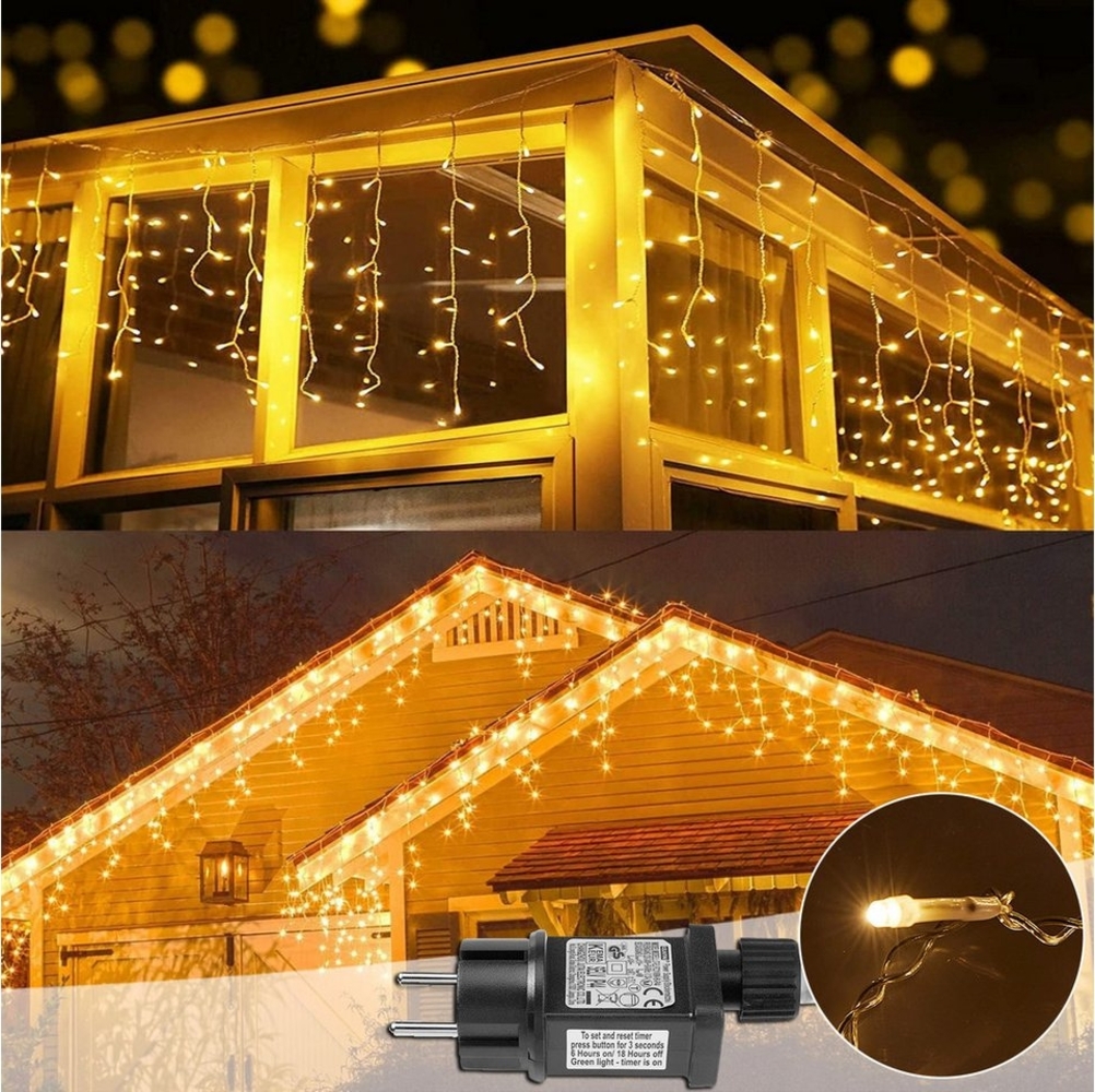 LMaxhome LED-Lichterkette Eisregen Lichterkette für Aussen Flashing Effekt Weihnacht Deko, 200-flammig, 5M/10M/15M Lichtervorhang Speicherfunktion 8 Modi Timer Warmweiß Deko Bild 1