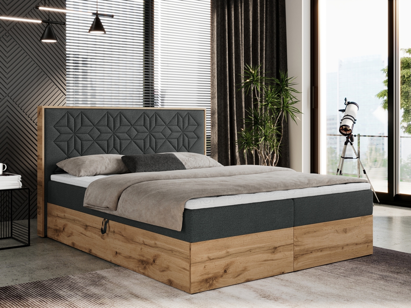 Boxspringbett mit Kopfteil und Topper, Polsterbett - NESSI - 120 x 200 cm - Dunkelgrau Stoff - H4 - Topper T25 Bild 1