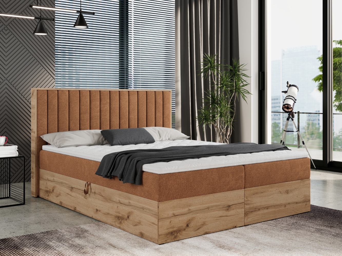 Boxspringbett mit dekorativem Kopfteil und zwei Bettkästen, Eiche Holzrahmen - ALBERO 4 - 200x200 cm - Orange Stoff - H3 Bild 1