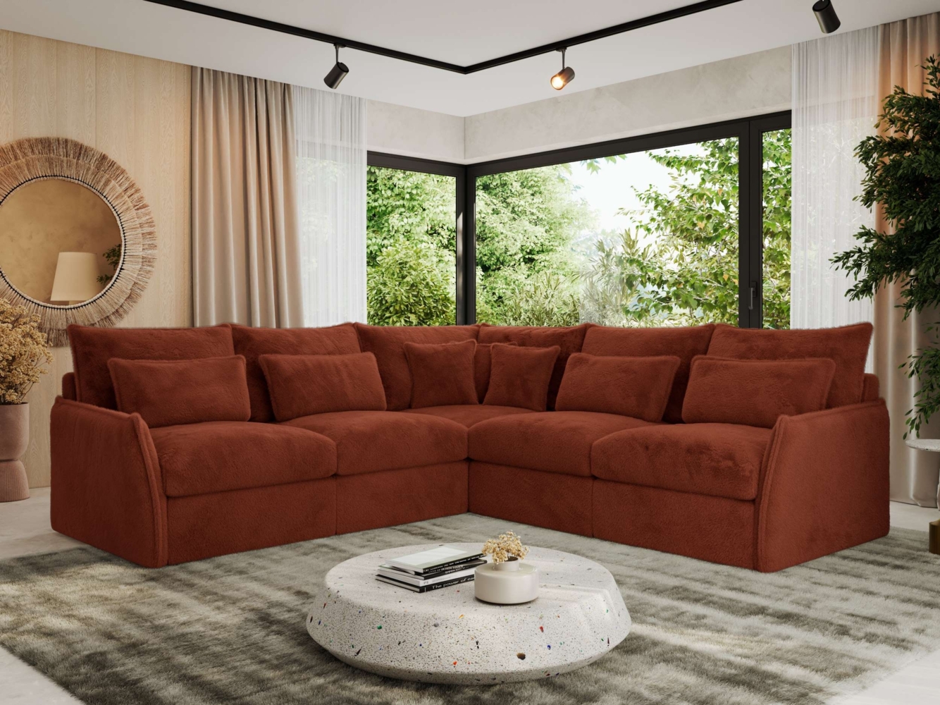 Ecksofa für Wohnzimmer, L-förmige Ecke mit losen Kissen, modular 4-Sitzer couchgarnitur - VERSO - Orange Plüschstoff Bild 1