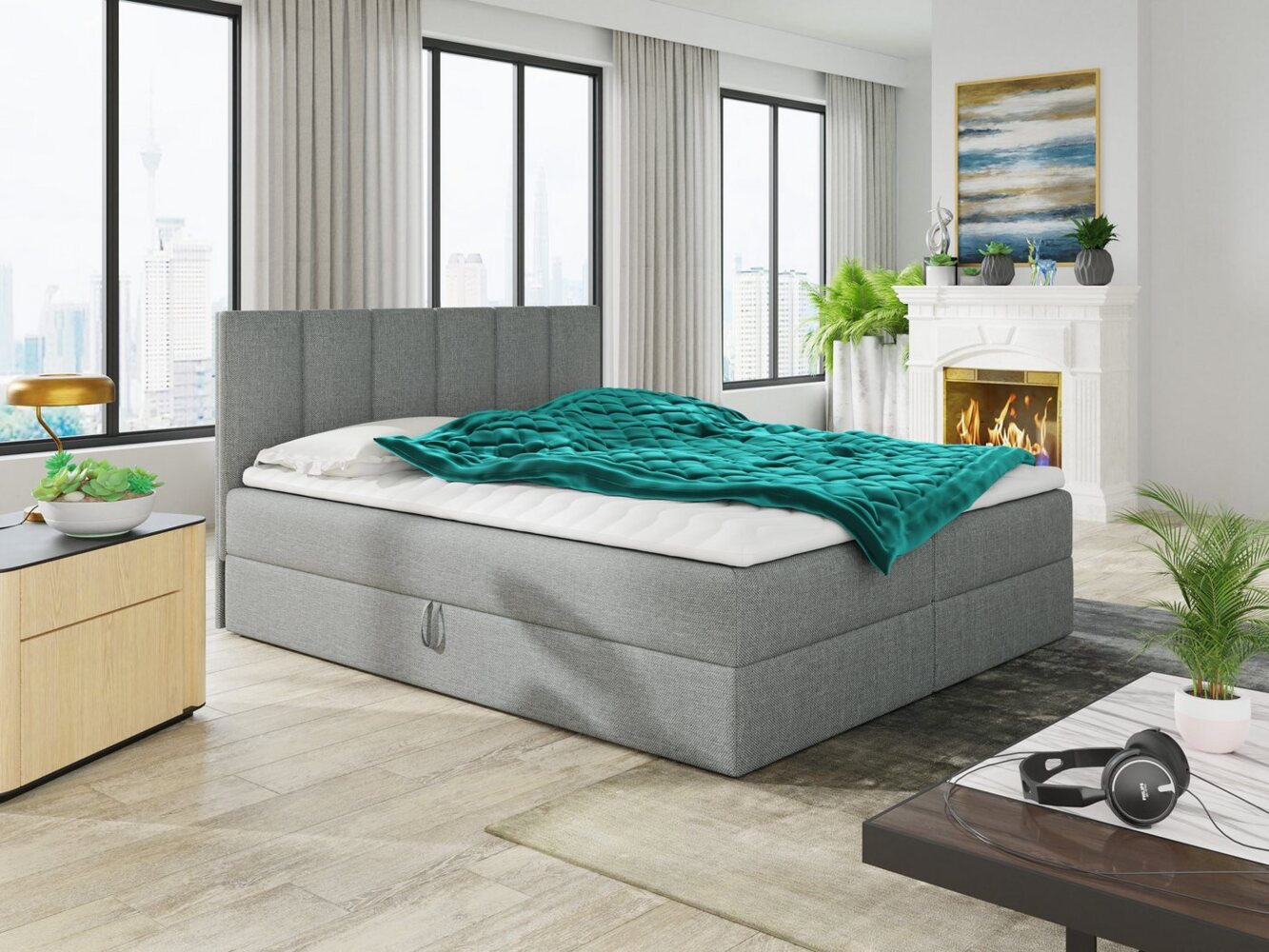 Boxspringbett Star mit Topper, Bonell-Matratze und 2 Bettkästen, Doppelbett, Polsterbett, Bett (Grau (Inari 91), 160 x 200 cm) Bild 1