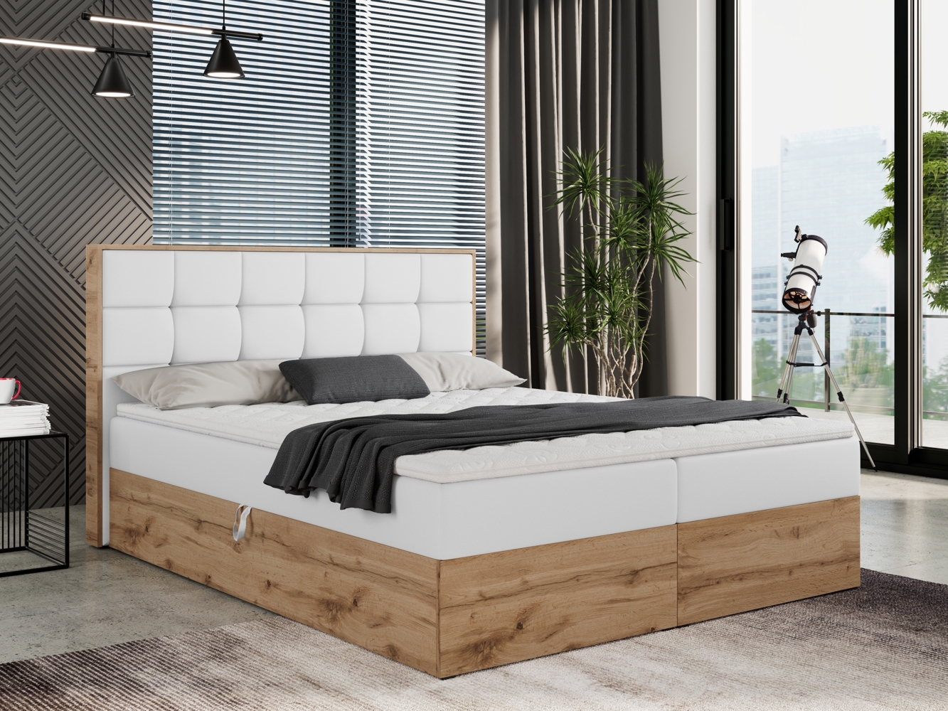 Boxspringbett mit Kopfteil und Topper, Polsterbett - ALBERO 1 - 180 x 200 cm - Weiß Kunstleder - H4 Bild 1