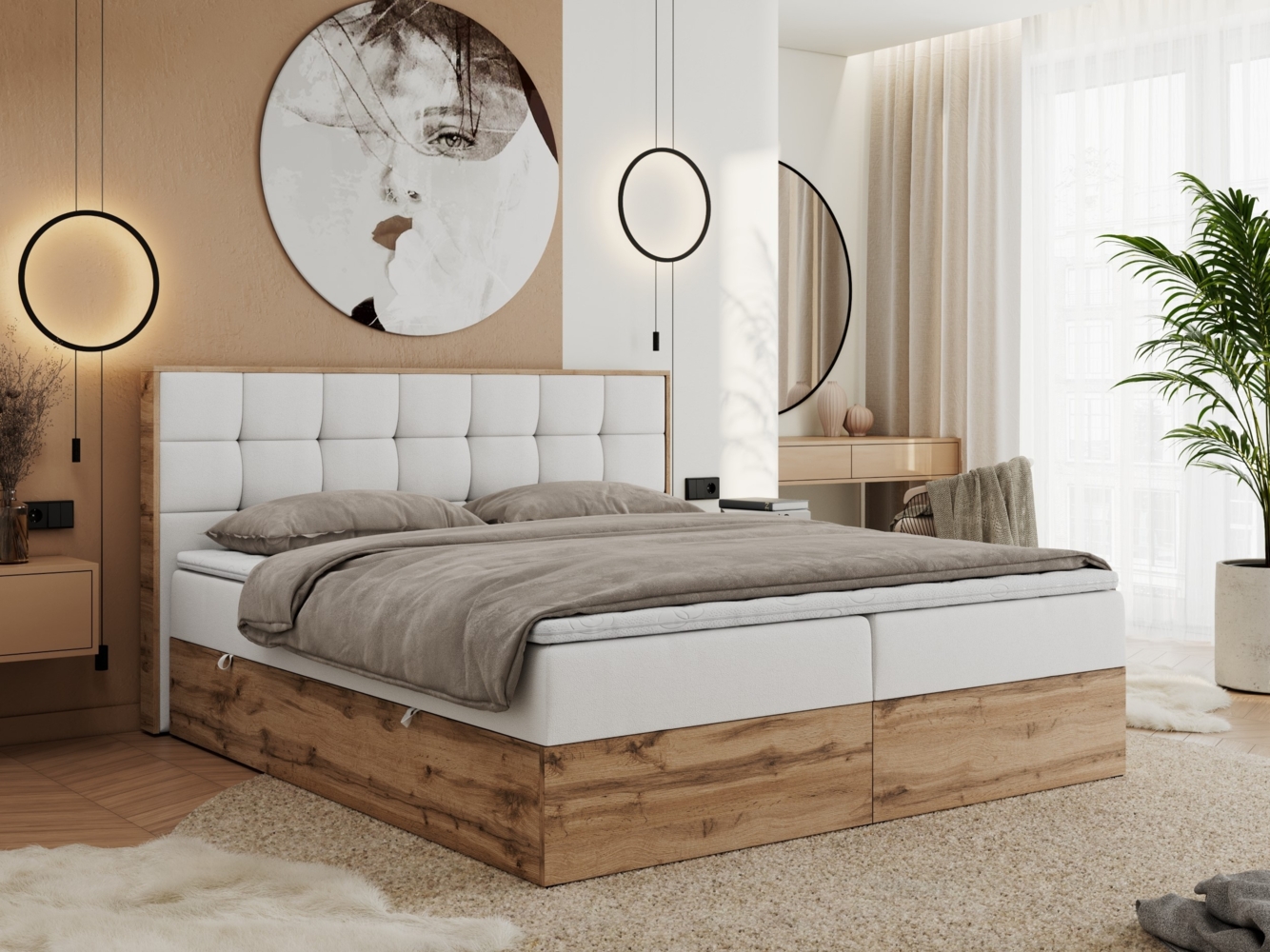 Boxspringbett mit Kopfteil und Topper, Polsterbett - ALBERO 1 - 180 x 200 cm - Weiß Kunstleder - H4 Bild 1