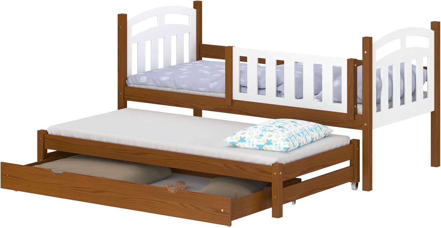 WNM Group Kinderbett Ausziehbar mit Rausfallschutz Suzie - aus Massivholz - Ausziehbett für Mädchen und Jungen - Bett mit Schublade - Funktionsbett 190x90 / 180x90 cm - Braun Bild 1