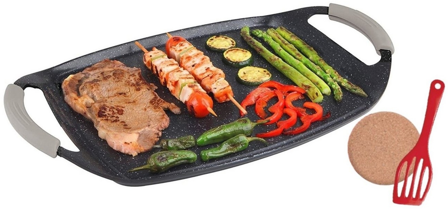 KESSMANN Grillplatte Induktion Grillplatte Ø 47cm Bratplatte BBQ Grill für alle Herdarten (Set, 3-St, zum Aufsetzen auf Holzkohlegrill/Gasgrill, Ofen & Herd Campinggrill), eckige Grillschale Grillpfanne Wendeplatte Raclette grillen Antihaft Bild 1