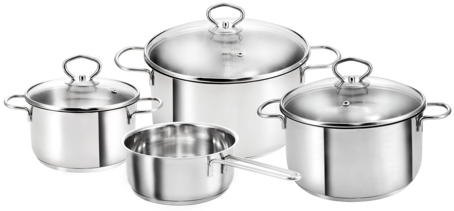 Kopf Topf-Set Merkur 4-teilig, Edelstahl (4-tlg), Induktionstöpfe mit Schüttrand, Literskala und Glasdeckel Bild 1