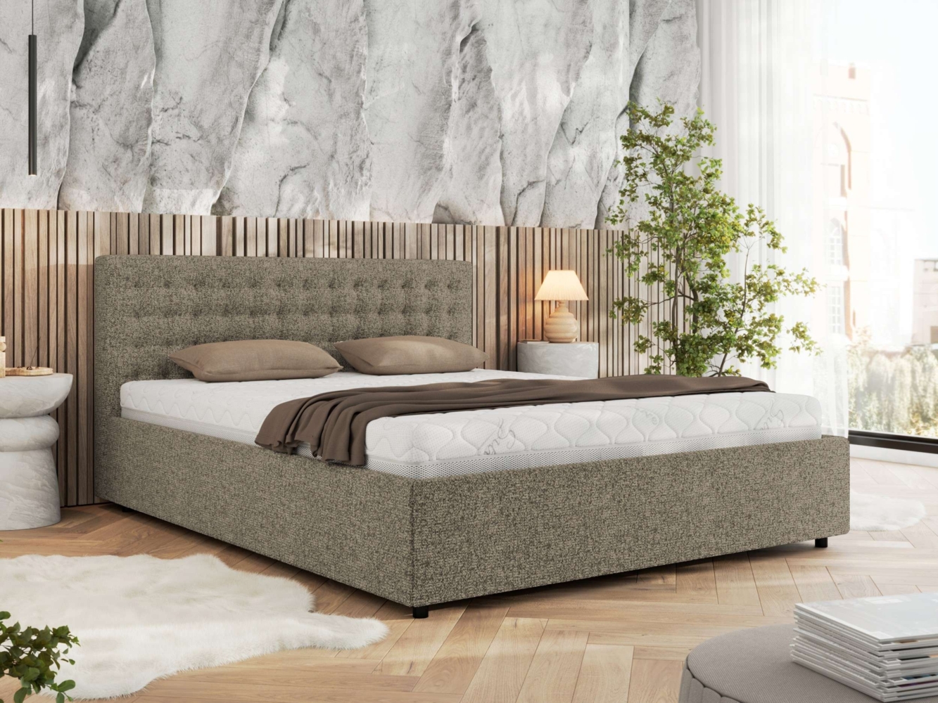 Polsterbett mit Holzlattenrost Doppelbett PAVO CLASSIC, hohe Kopfteil, Bettkasten mit Gasdruckfeder Pocket Matratze - 180x200 cm - Grau Strukture - VIRE LUX Bild 1