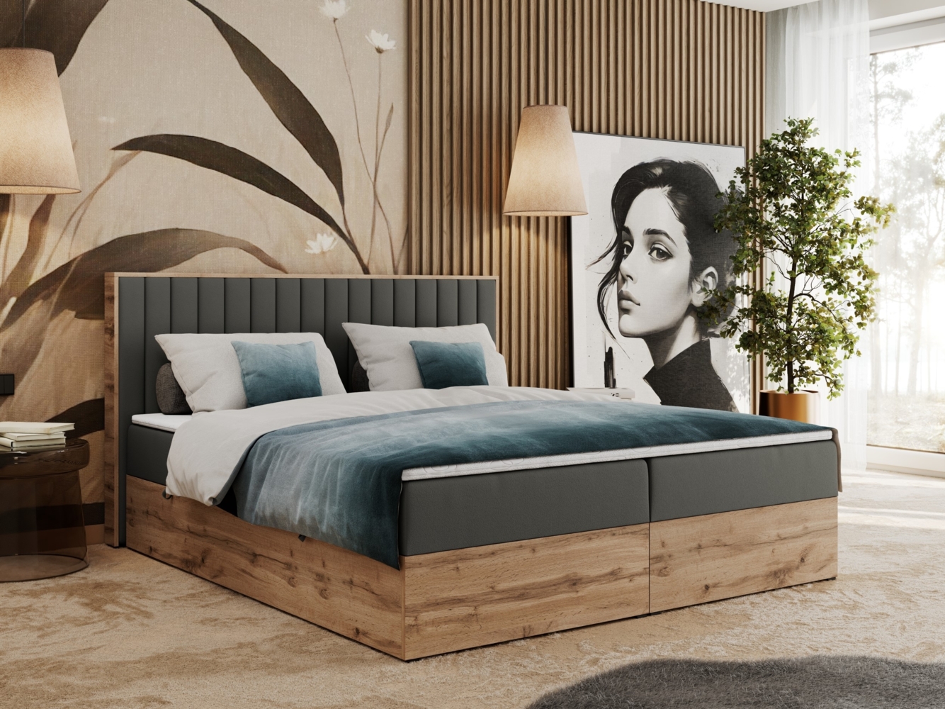 Boxspringbett mit dekorativem Kopfteil und zwei Bettkästen, Eiche Holzrahmen - ALBERO 4 - 140x200 cm - Grau Kunstleder - H3 Bild 1