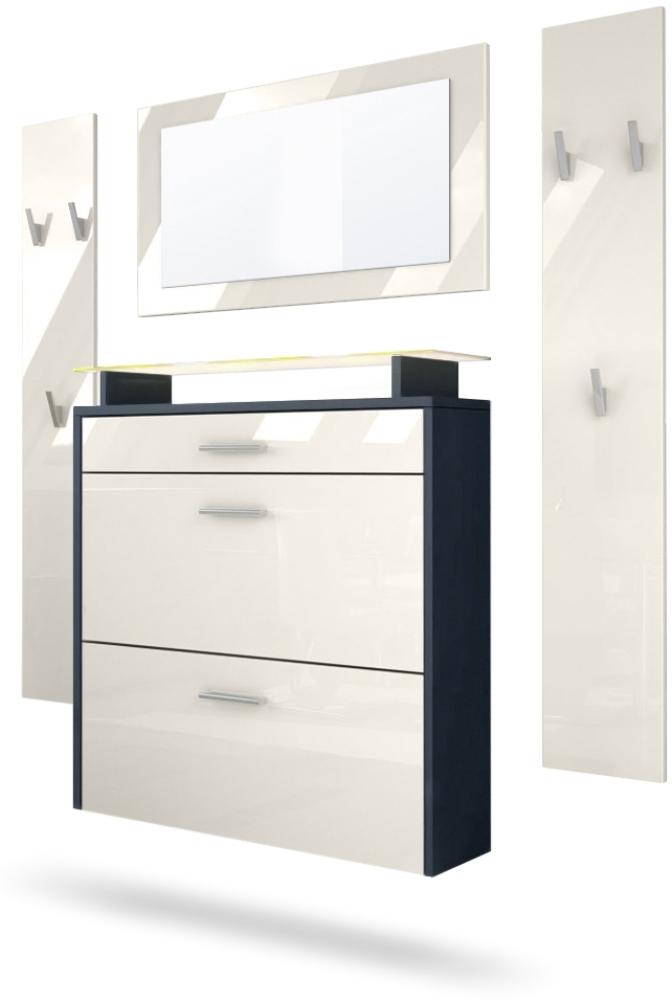 Vladon Garderobe Malea, Garderobenset bestehend aus 1 Hängeschuhschrank, 1 Wandspiegel und 2 Garderobenpaneele, Anthrazit matt/Creme Hochglanz, inkl. LED-Beleuchtung RGB Bild 1