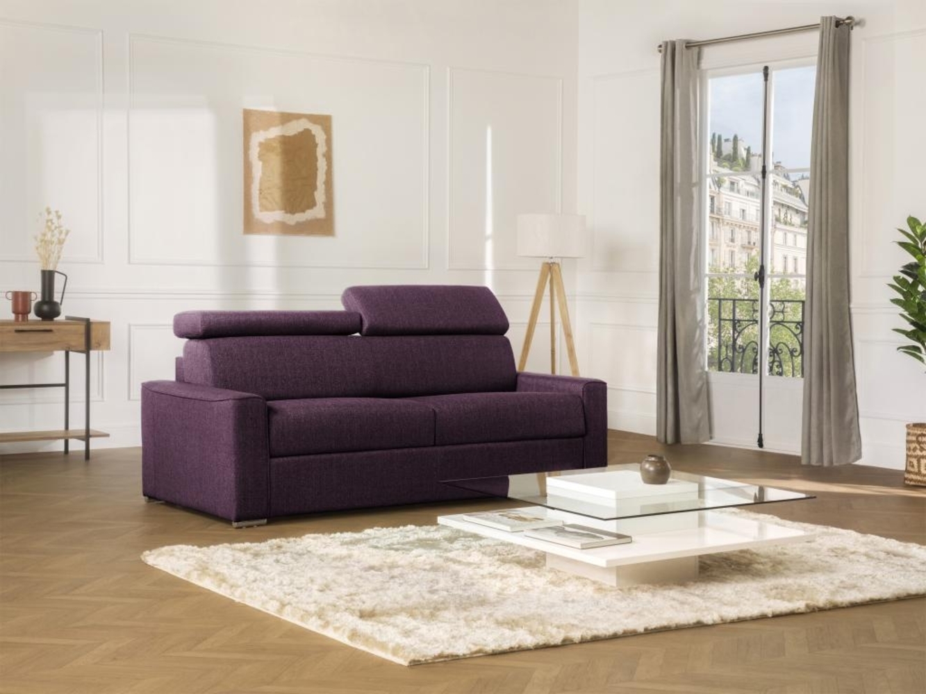 Vente-unique - Schlafsofa 3-Sitzer - Liegefläche: 140 cm - Matratzenhöhe: 22 cm mit Memory Schaum - Stoff - Violett - VIZIR Bild 1